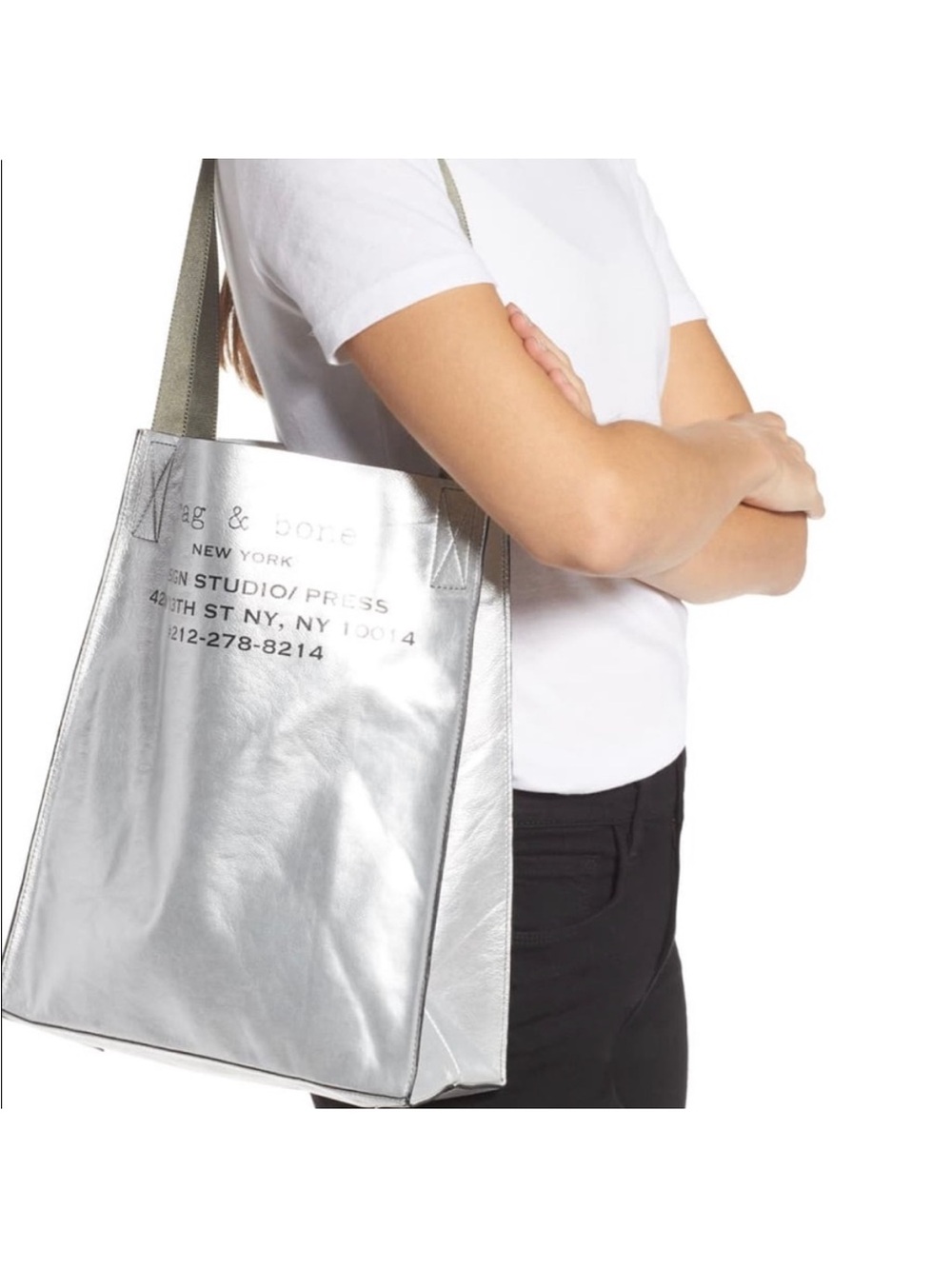 Rag & Bone 425 Aluminum Silver Leather Packable Tote Bag Design Studio Press